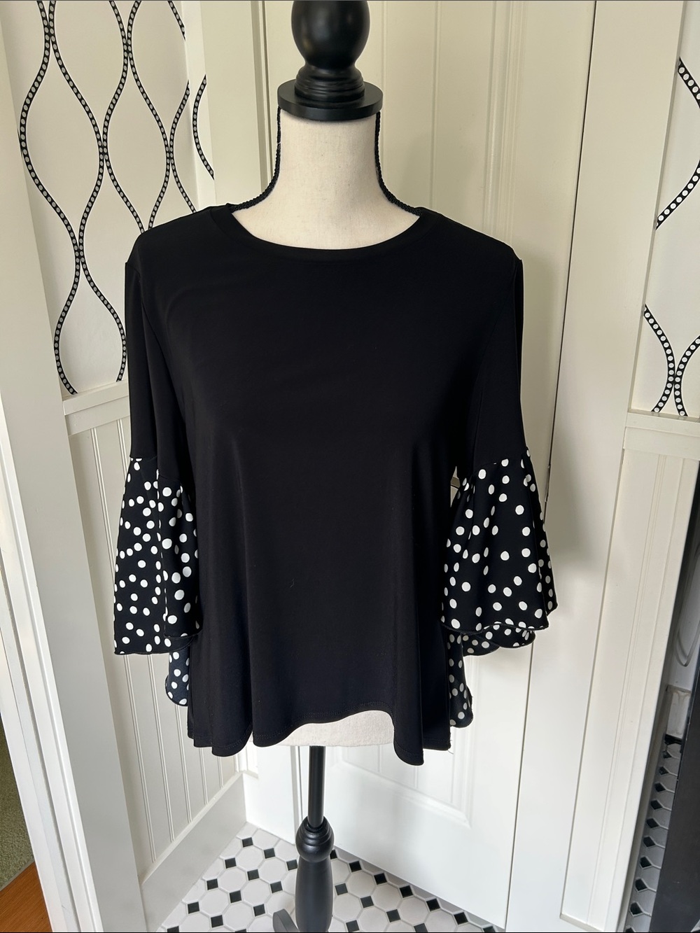 Joseph Ribkoff Black Top with White Polka Dot Bell Sleeves